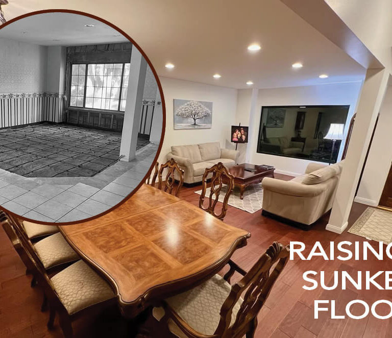 Raised sunken living room floor renovation showing before and after transformation