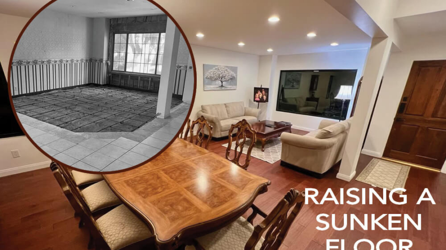 Raised sunken living room floor renovation showing before and after transformation