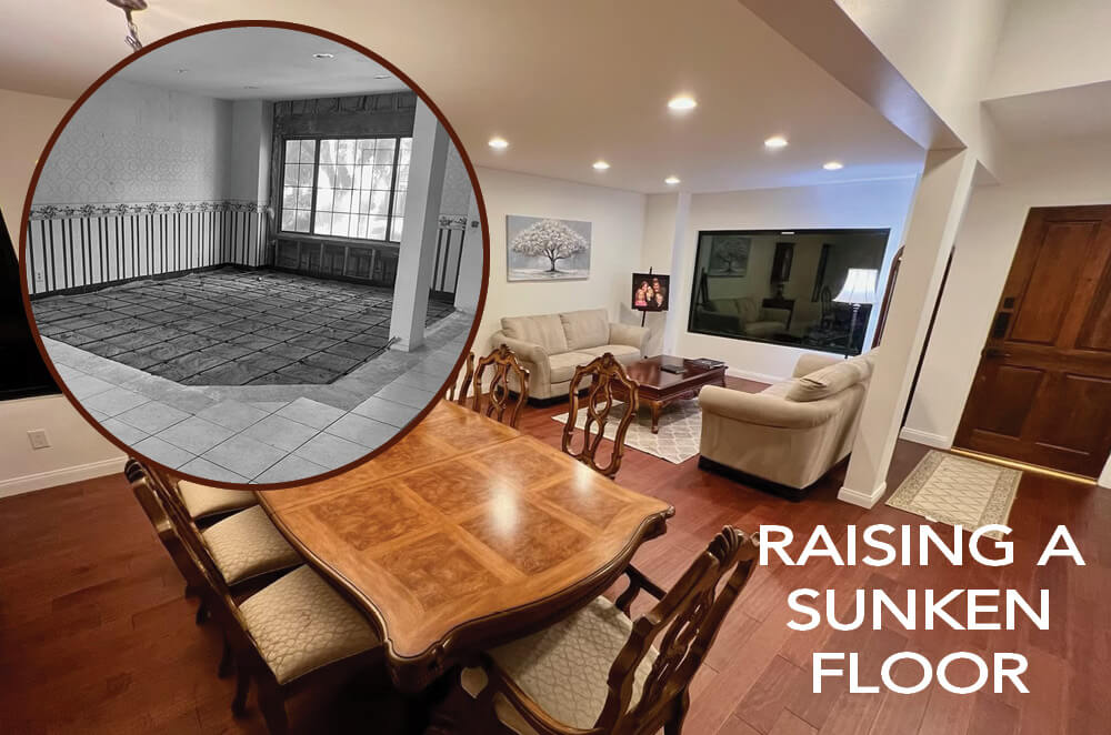 Raised sunken living room floor renovation showing before and after transformation