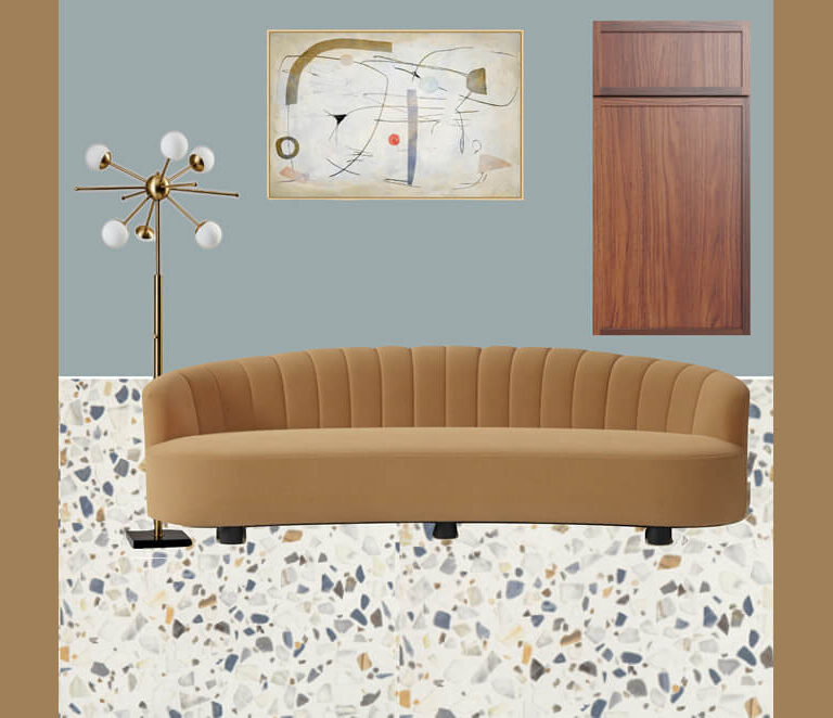 Living room design concept with terrazzo flooring, curved sofa, walnut cabinetry and modern lighting