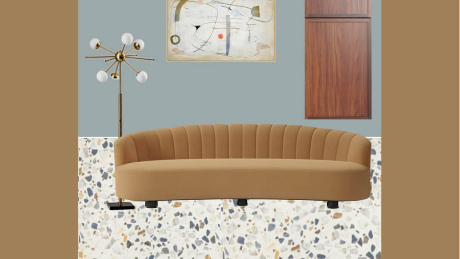 Living room design concept with terrazzo flooring, curved sofa, walnut cabinetry and modern lighting