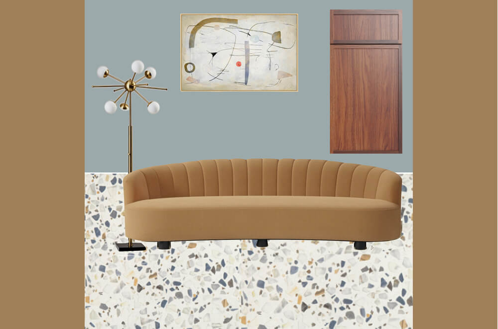 Living room design concept with terrazzo flooring, curved sofa, walnut cabinetry and modern lighting
