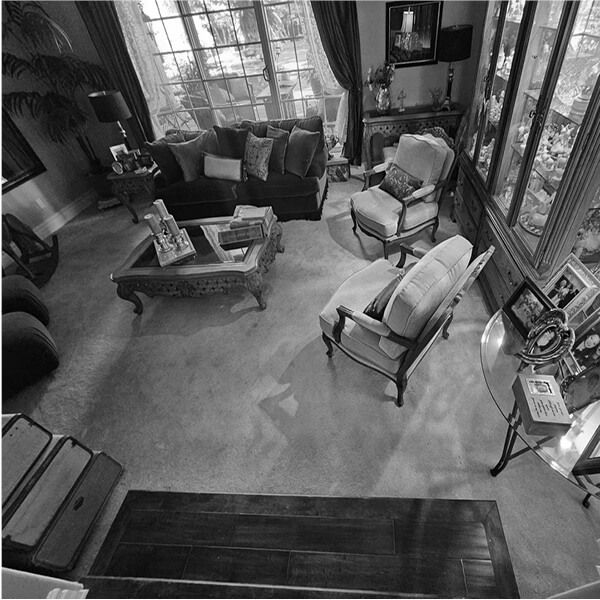 Before photo of Santa Clarita living room with carpeted sunken floor and traditional furnishings