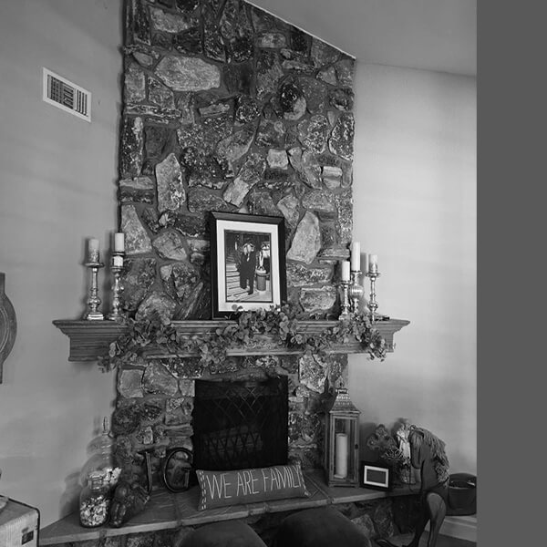 Before photo of original stone fireplace in Santa Clarita living room