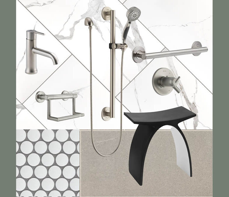 Accessible bathroom design featuring grab bars, handheld showerhead, modern fixtures, and a shower seat for aging-in-place remodeling.