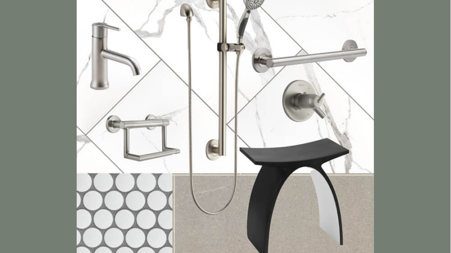 Accessible bathroom design featuring grab bars, handheld showerhead, modern fixtures, and a shower seat for aging-in-place remodeling.