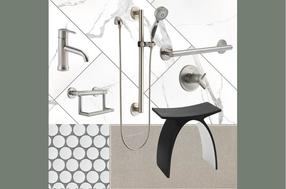 Accessible bathroom design featuring grab bars, handheld showerhead, modern fixtures, and a shower seat for aging-in-place remodeling.